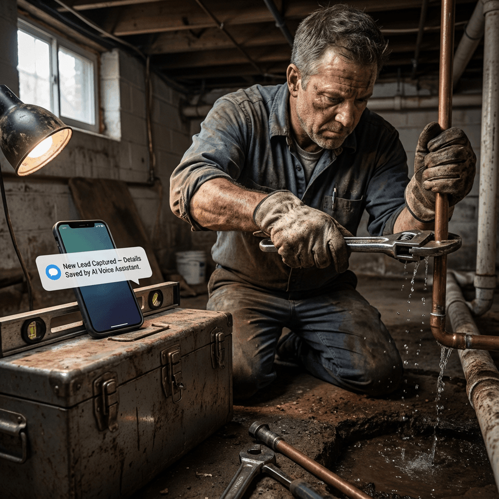 service business owner working while phone shows new lead captured by AI agent