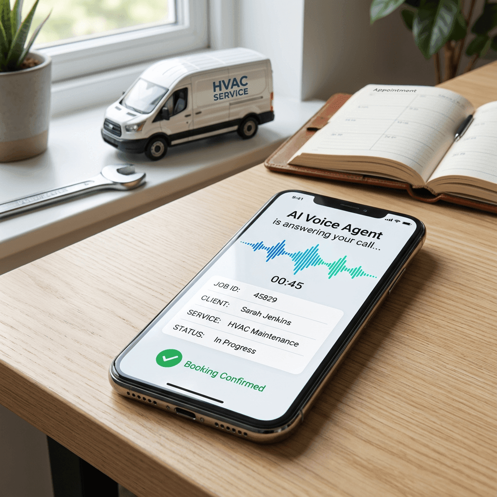 martphone showing AI voice agent answering and booking service calls