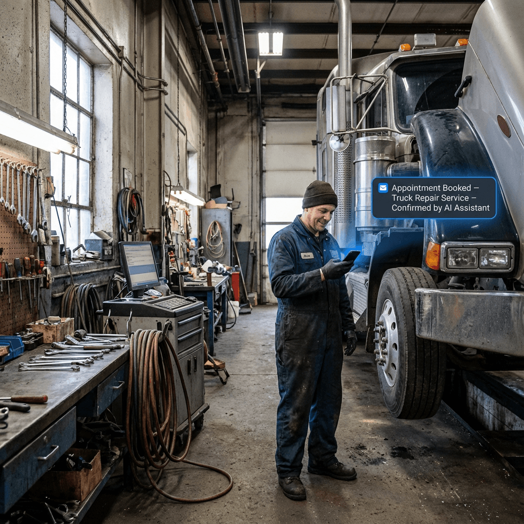truck repair mechanic checking phone with AI booked appointment notification