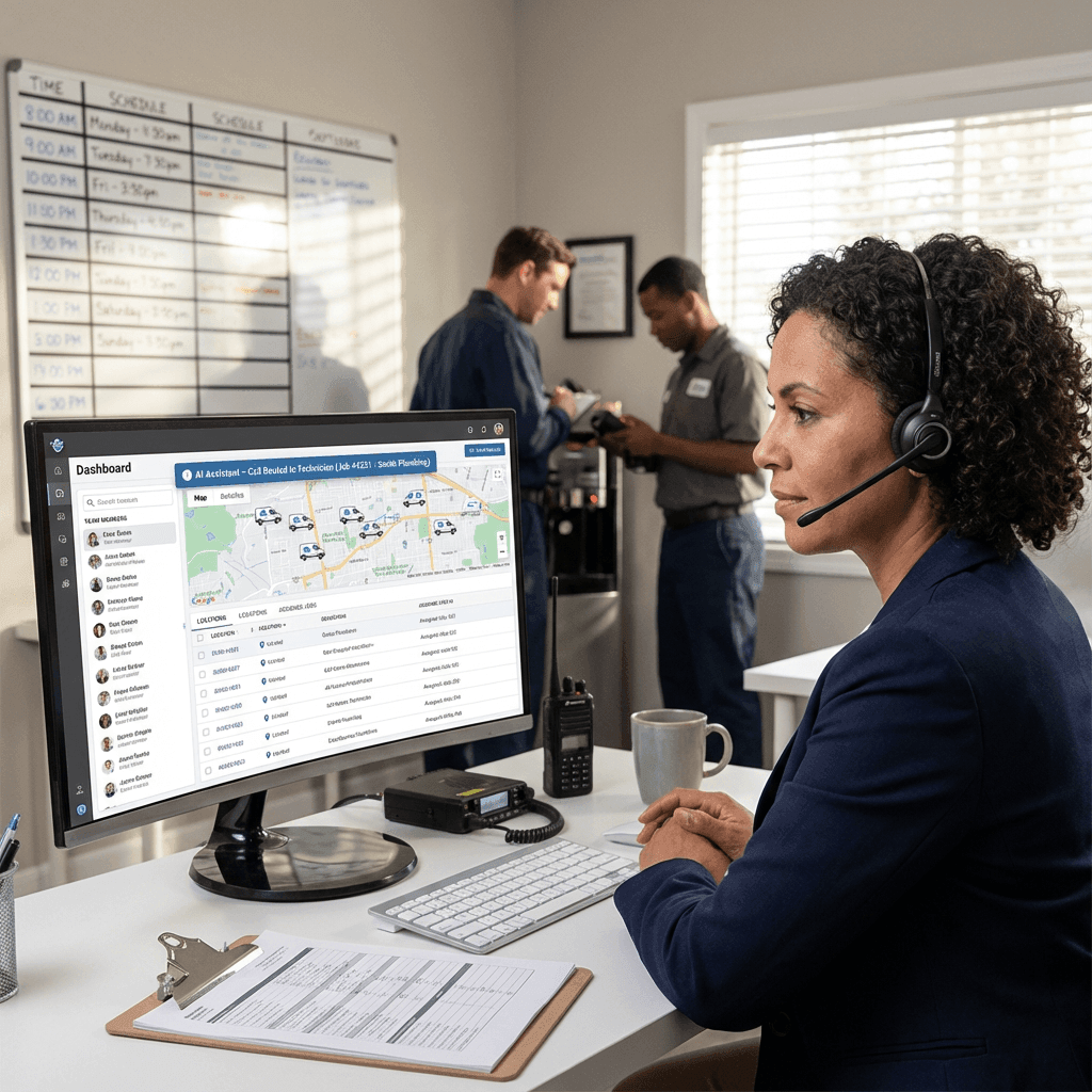 service business dispatcher viewing AI-powered call routing and team assignment dashboard