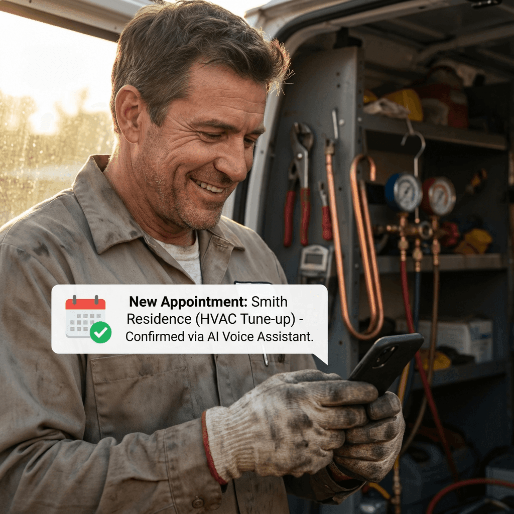 service business owner receiving AI-booked appointment notification on smartphone in realistic work environment
