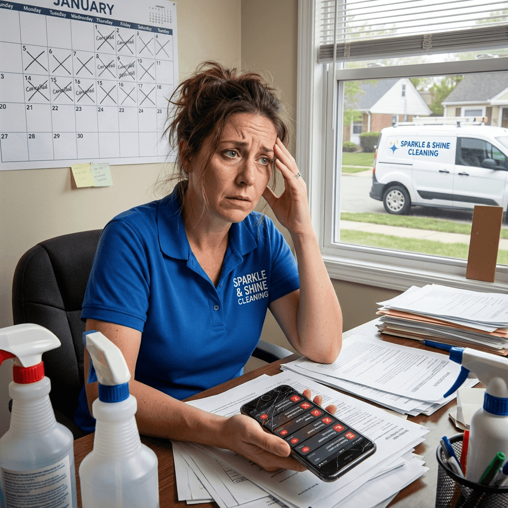 home cleaning business owner looking at multiple missed calls on smartphone
