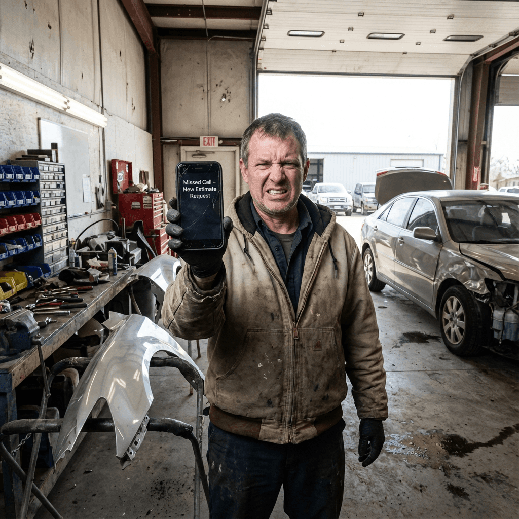 auto body repair technician seeing missed estimate request on phone