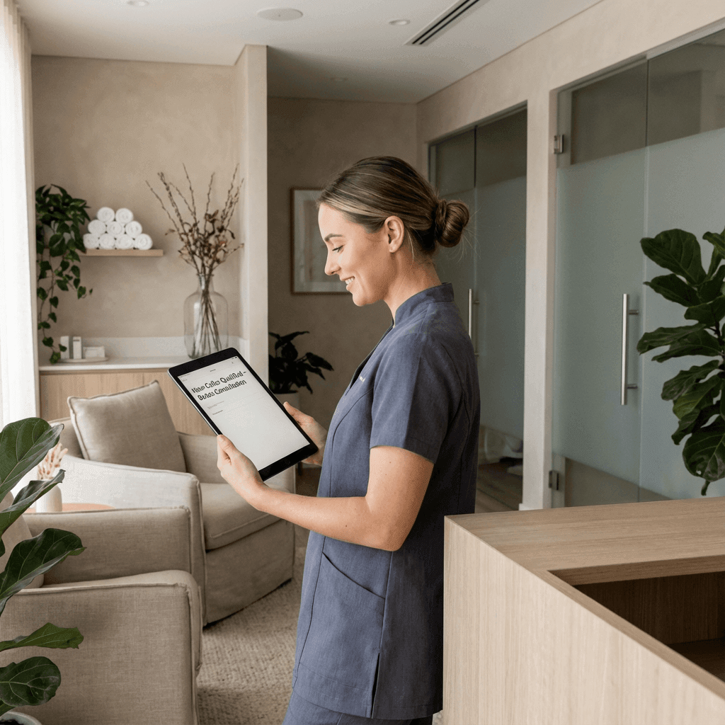 med spa receptionist reviewing AI qualified lead summary on tablet